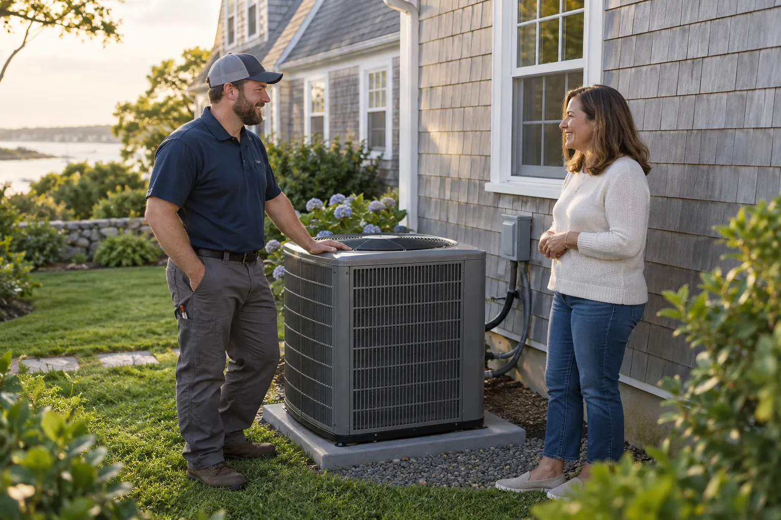 A local provider and a homeowner talking beside a new outdoor air conditioner in the California area